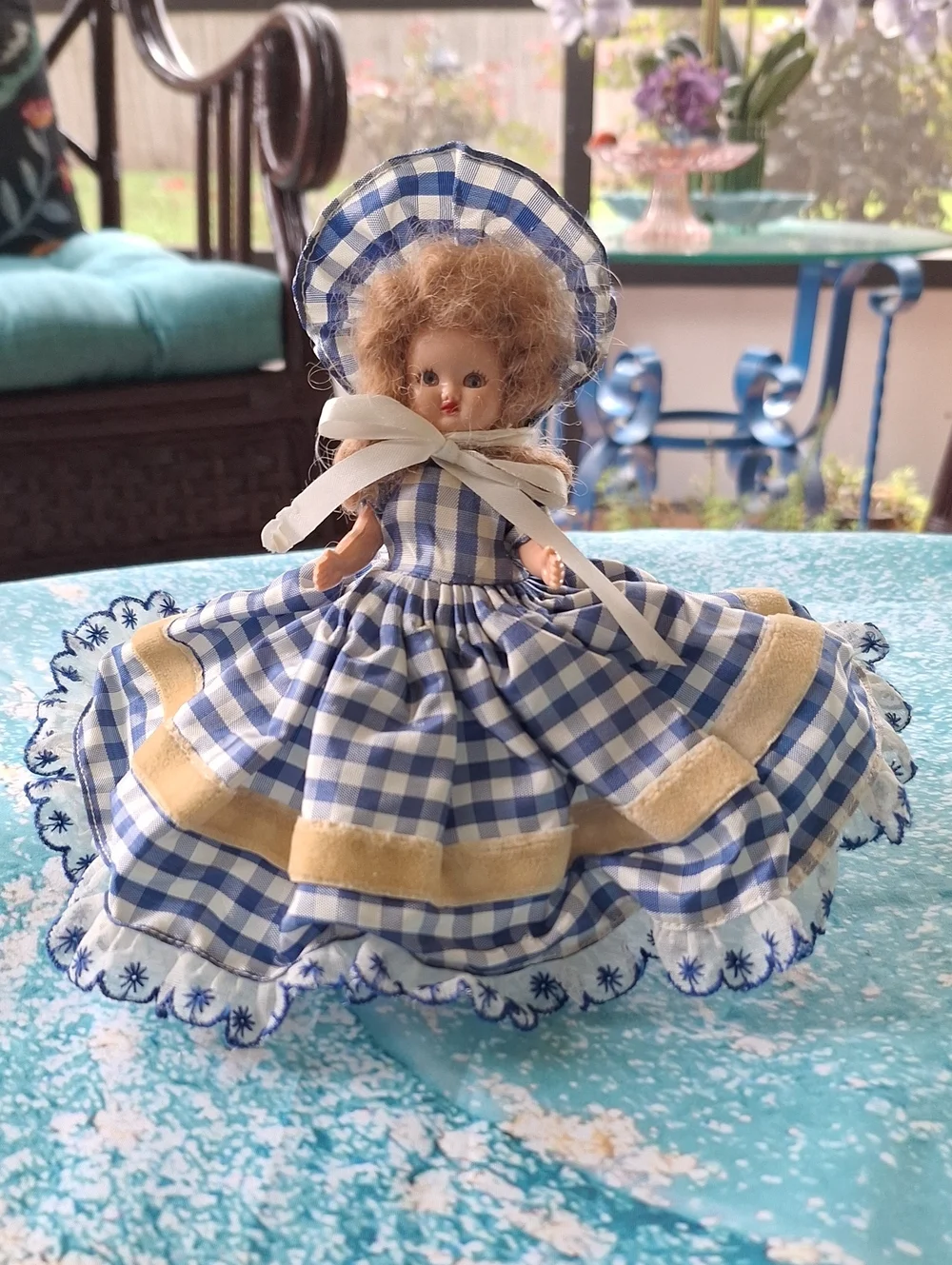 1940s Hollywood Doll Blue Gingham Kids Dress with Bonnet
